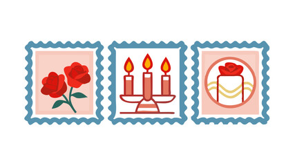 Wall Mural - Festive stamp design featuring roses, candles, and a cake for romantic occasions
