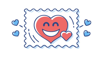 Wall Mural - Cheerful postage stamp design featuring a smiling heart and surrounding love symbols  on transparent background