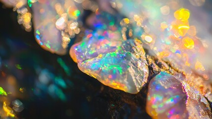 Iridescent rough opal gemstones sparkling with vibrant rainbow light reflections on a dark rock surface, showcasing their natural beauty and unique color patterns