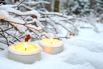 Wall Mural - Two candles surrounded by snow, a peaceful winter scene