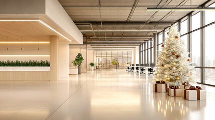 Poster - A contemporary office space features a white Christmas tree and presents, bringing a festive atmosphere to the modern workspace