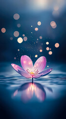 Poster - A pink lotus flower gracefully floats on calm water surrounded by soft bokeh lights, evoking a peaceful and dreamy ambiance at night