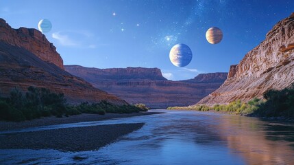 Wall Mural - three planets floating in sky over river