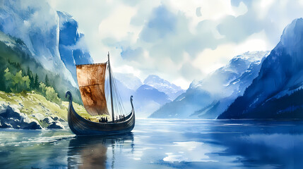 Canvas Print - The image is a watercolor painting of a viking ship sailing on a fjord. Fjord. Illustration