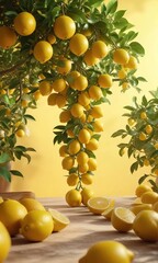 Wall Mural - Abundant lemons cascade against sunny yellow backdrop, summer, citrus, fall