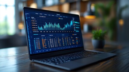 Wall Mural - a fintech platform displaying real-time financial data on a laptop in a modern workspace