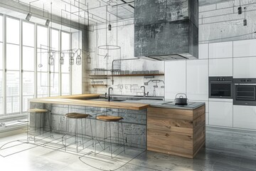 Wall Mural - A cozy kitchen with a big window letting in natural light, ideal for decorating and architecture projects