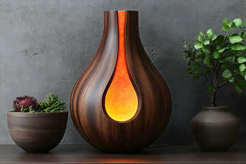 Wall Mural - Modern wooden lamp with warm light, illuminated from within, sits on a table with potted plants.