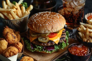 Poster - A juicy burger topped with cheese, lettuce, tomato, and onion rings