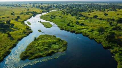 Wall Mural - capturing an aerial view of a river meandering through a lush, vibrant green landscape in africa, sh