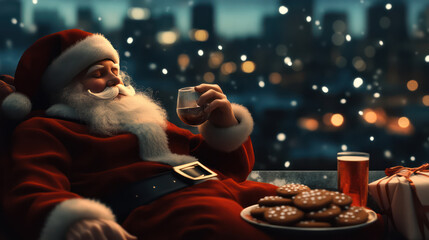 Wall Mural - Santa is drinking hot chocolate and beers with cookies looking out to snowing light  in the city view 