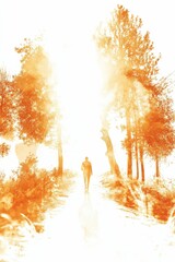 Poster - Solitary figure walks path, amber trees, bright light.