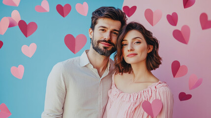 Beautiful young couple on pink blue background with pink hearts