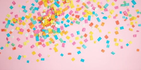 Colorful paper confetti exploding on pastel pink background, creative