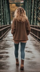 Young Woman Walking on Bridge in Autumn Wearing Cozy Jacket and Boots