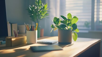 Wall Mural - A desk with a laptop and a potted plant, ideal for a home office or workspace