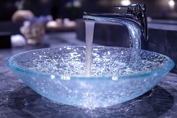 Poster - A glass bowl sink with water running from the faucet, suitable for kitchen or bathroom interior design and decoration