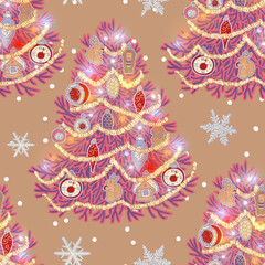 Seamless festive bohemian pattern in trendy color Mocha Mousse. Retro hand drawn illustration ornament - pink purple decorated Christmas tree on brown wallpaper