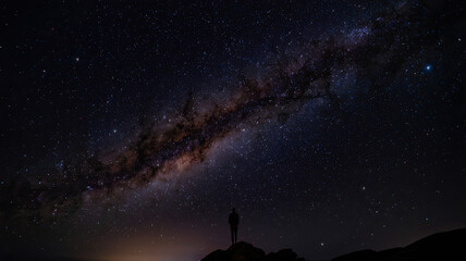 Wall Mural - breathtaking night sky with countless stars and a prominent galaxy, silhouetted person standing on a