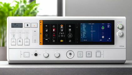 Modern white control panel with touchscreen display and buttons on a table.