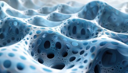 A blue and white image of a wave with many small dots
