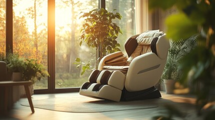 Poster - A multisensory experience unfolds in a tranquil room as sunlight streams through large windows, illuminating a state-of-the-art ai massage chair surrounded by lush greenery.