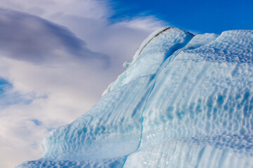 Wall Mural - detail of a blue iceberg against blue sky and cloud background. kjerulf fjord, northeast greenland n