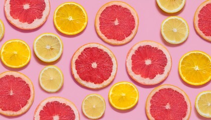 Canvas Print - Citrus slices arranged on a pink background.