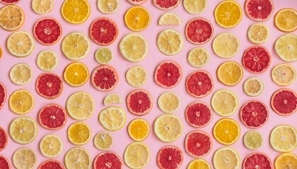 Canvas Print - A vibrant flat lay featuring juicy citrus fruit slices arranged on a pink background.