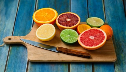 a colorful array of citrus fruits on a wooden cutting board.