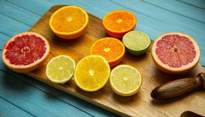 Canvas Print - Assortment of citrus fruits on a wooden board.  Vibrant colors and juicy goodness!