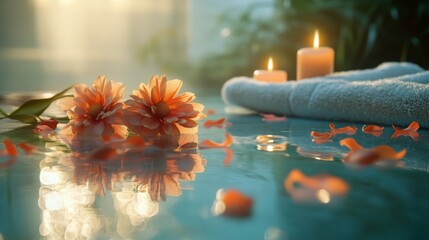 Poster - Soft candlelight flickers around vibrant flowers floating on water. A plush towel rests nearby, creating a serene ambiance ideal for relaxation and rejuvenation in a soothing environment.