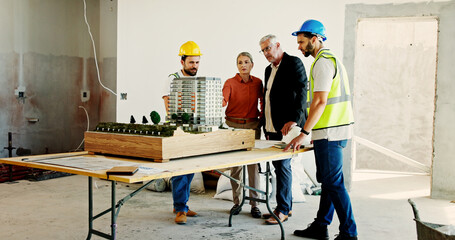 Poster - Engineering, meeting and people at construction site with model, planning and building development. Investor, workers and 3D display on table for renovation, infrastructure and investment opportunity