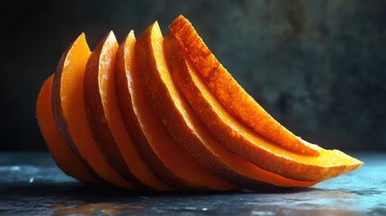 Canvas Print - Sliced organic pumpkin on a dark background showcasing vibrant orange color and texture perfect for autumn cooking and seasonal dishes