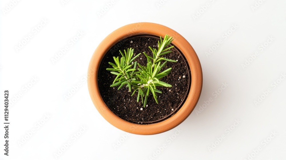 Rosemary herb plant in terracotta flowerpot isolated on white ...