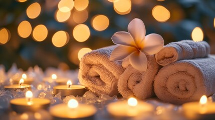 Poster - Soft candlelight illuminates a serene space featuring plush towels and a fragrant flower.