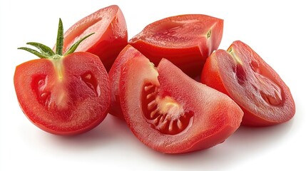 Canvas Print - Fresh sliced red tomatoes arranged artistically on a white background showcasing their vibrant color and juicy texture