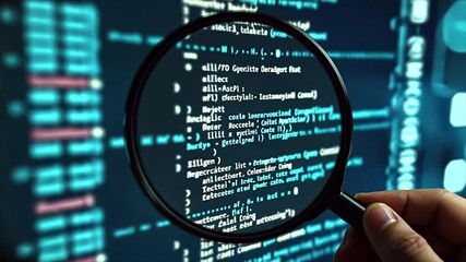 male qa engineer hand holding magnifying glass over digital code interface. data analysis, debugging