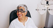 © peopleimages.com - Optometrist, consulting and lens with old woman in clinic for eye exam, healthcare and vision. Medical, ophthalmologist and glasses with patient and trial frame for retina, visual test and assessment