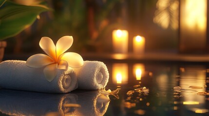 Poster - A tranquil atmosphere is created with soft lighting from candles illuminating rolled white towels and a delicate flower.