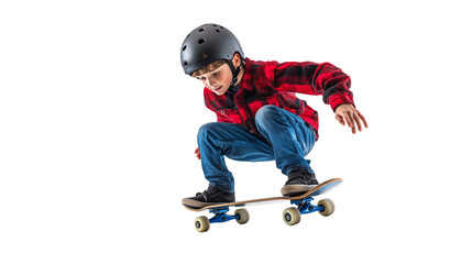 Young boy riding skateboard in helmet isolated on transparent background