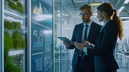 Poster - Two professionals engage in a discussion about sustainable finance strategies. They analyze digital data displayed on a screen featuring graphs and environmental metrics in a modern office.