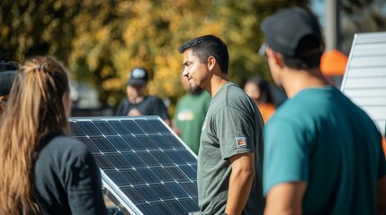 Poster - Participants engage in a lively conversation about sustainable finance strategies while examining solar panels in a workshop held in a park during the autumn season. The focus is on renewable energy.