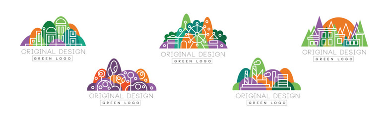 Wall Mural - Green Logo Original Design with City Landscape Vector Set