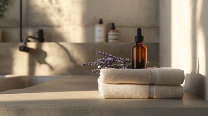 Poster - Embrace a peaceful atmosphere featuring sustainable beauty products on a stone countertop, complemented by soft towels and fresh lavender, perfect for a zero-waste skincare routine.