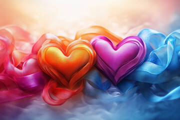 Wall Mural - A colorful heart with a blue ribbon is surrounded by other hearts with red ribbons. Concept of love and warmth