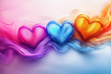 Wall Mural - A colorful heart with a blue ribbon is surrounded by other hearts with red ribbons. Concept of love and warmth