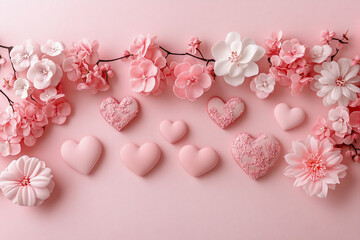 Wall Mural - Pink pastel hearts and flowers, valentine or birthday greeting card