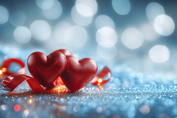 Wall Mural - Red ribbon shaped hearts on silver shiny background, Valentines card