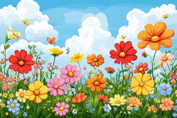 Colorful kids printable background featuring vibrant flowers and a clear blue sky with clouds